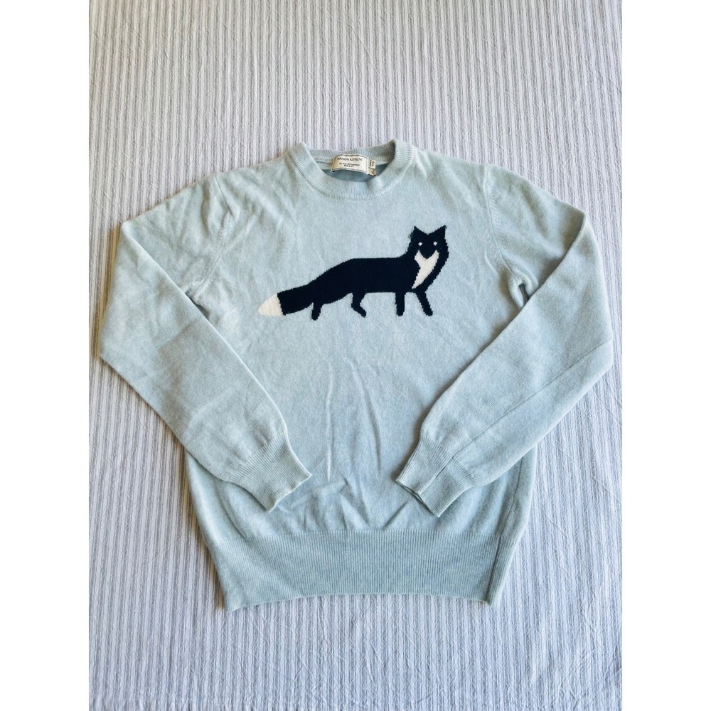 Maison Kitsune FW16 Rare Full Body Fox Wool Knit Sweater Ice Blue M Fits Small